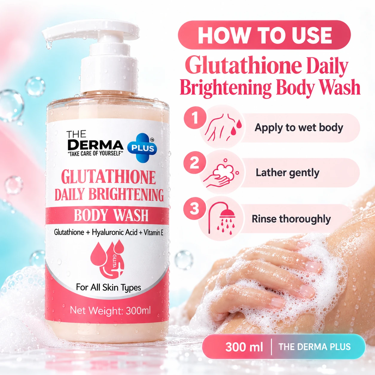 The Derma Plus Glutathione Daily Brightening Body Wash, 300 ml — how to use illustrated guide